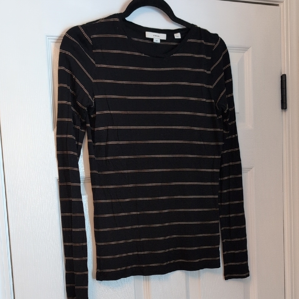 Vince Black and Tan Striped Long Sleeve Tee